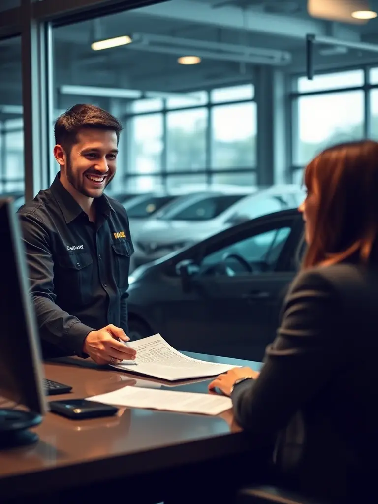 A Quality Auto Sales Somerset employee assisting a customer with paperwork, emphasizing their commitment to customer service.