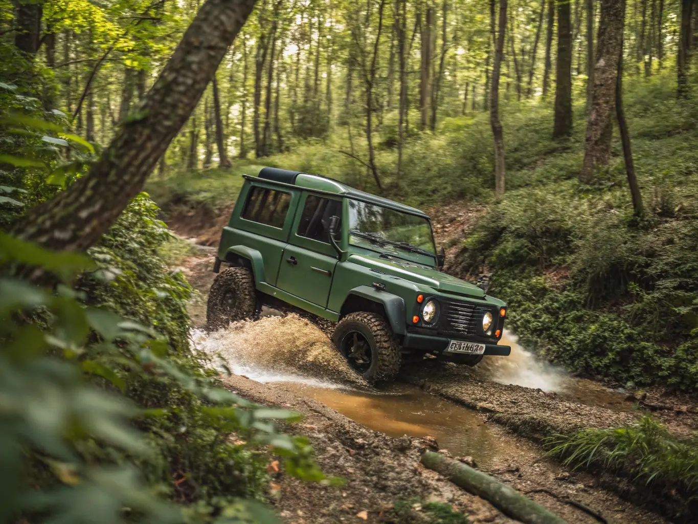 A rugged Land Rover Defender parked on a muddy trail in Somerset, emphasizing its off-road capabilities and adventurous spirit.