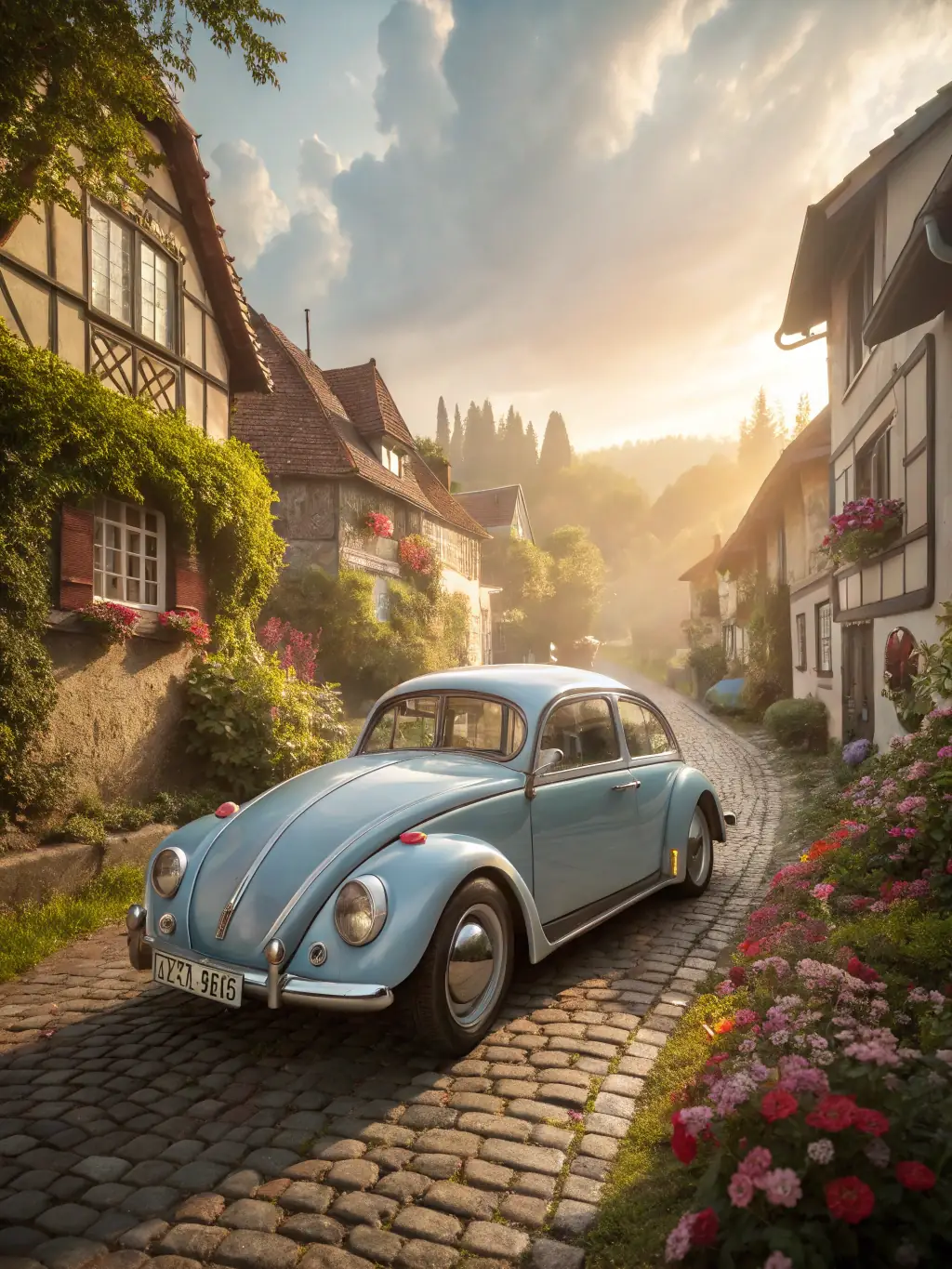 A vibrant image of a 1970 Volkswagen Beetle, customized with bright colors and unique accessories, parked at a vintage car show.