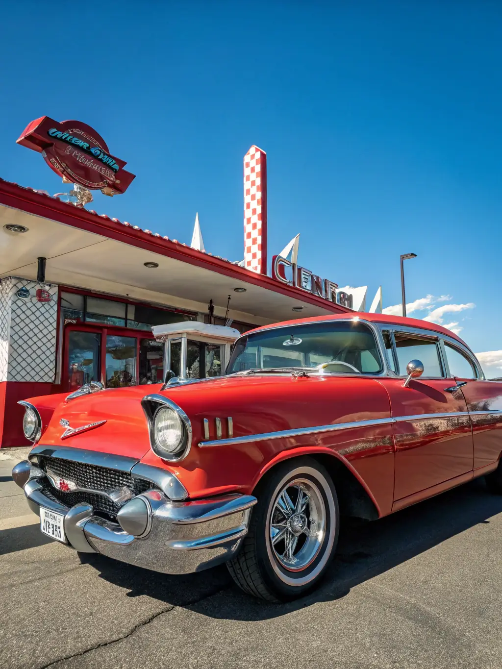 A low-angle shot of a 1957 Chevrolet Bel Air, showcasing its iconic tailfins and chrome details, parked in front of a classic diner.