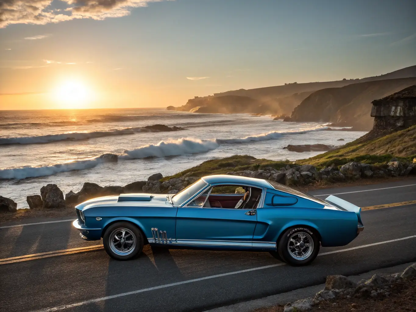 A meticulously restored classic Ford Mustang parked in a scenic Somerset countryside, highlighting its timeless design and appeal.