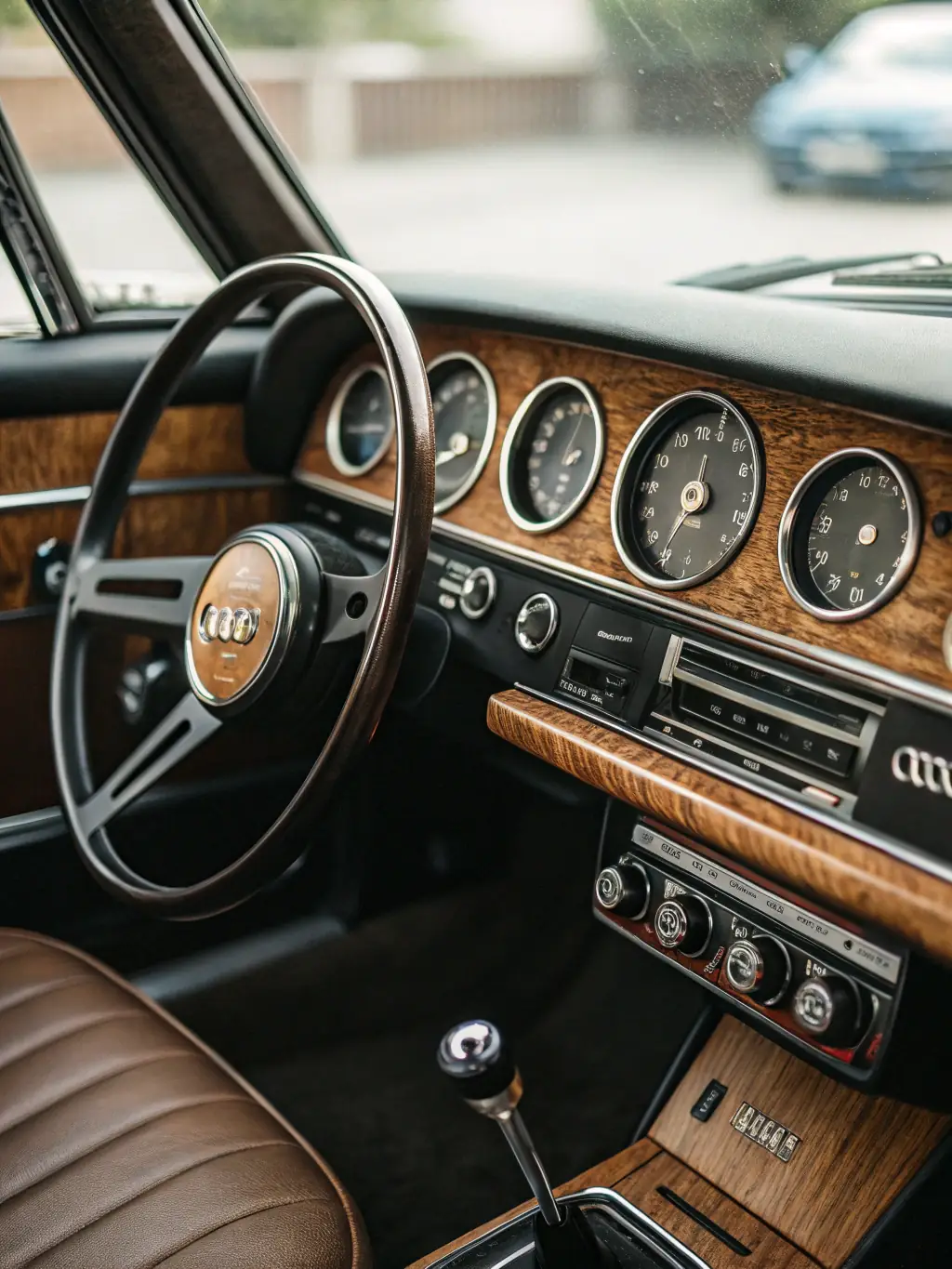 A close-up of the dashboard and steering wheel of a 1965 Jaguar E-Type, highlighting the luxurious leather and wood trim.